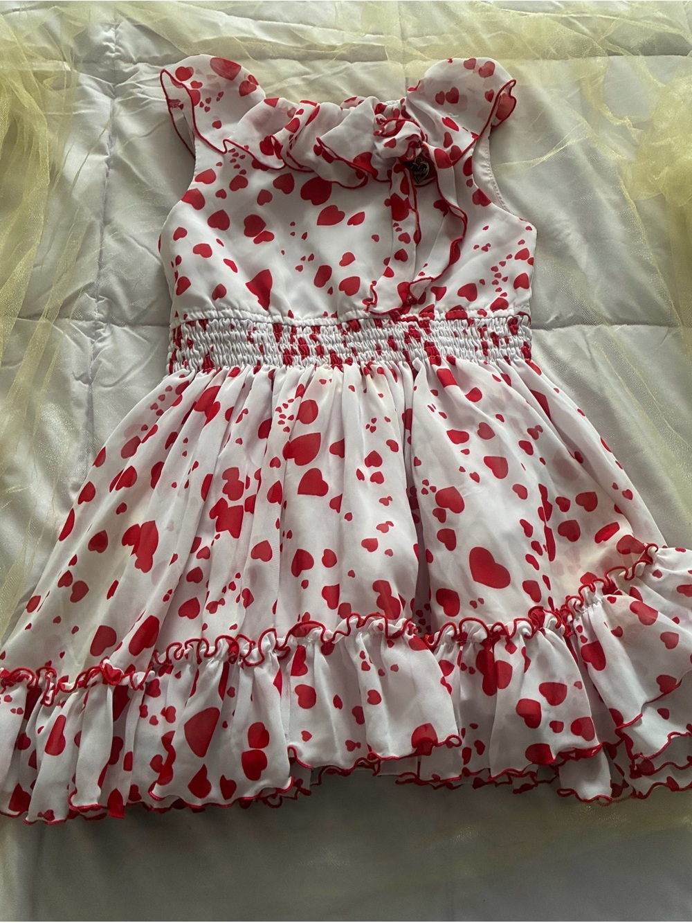 White Dress with Red Heart Print and Ruffle Trim